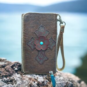 PG Collections Cross Rawhide Brown Leather Mobile Phone Case / Wallet / Wristlet